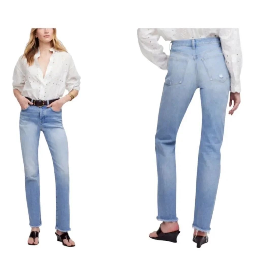 NEW Madewell The '90sβStraight Blue Jean Raw Hem Distressed Size 31